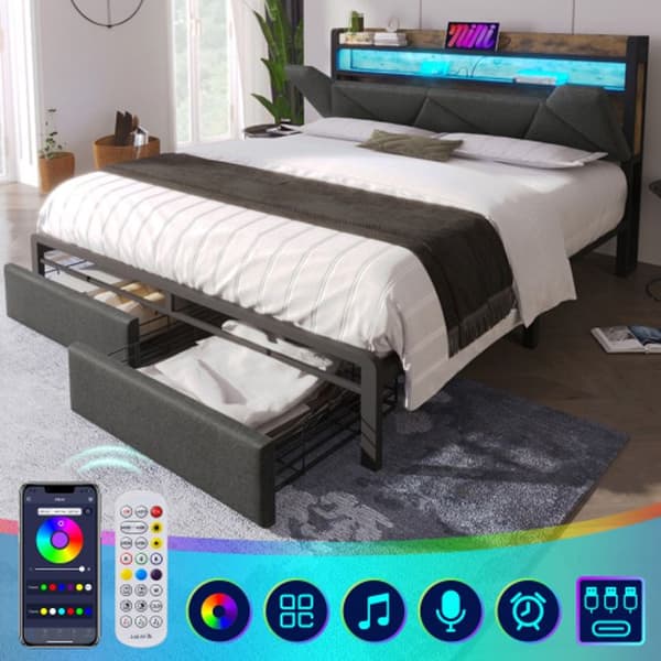 Infällbar sänggavel med USB Typ C med LED-belysning och lådor, 140x200 säng, grå (med madrass)