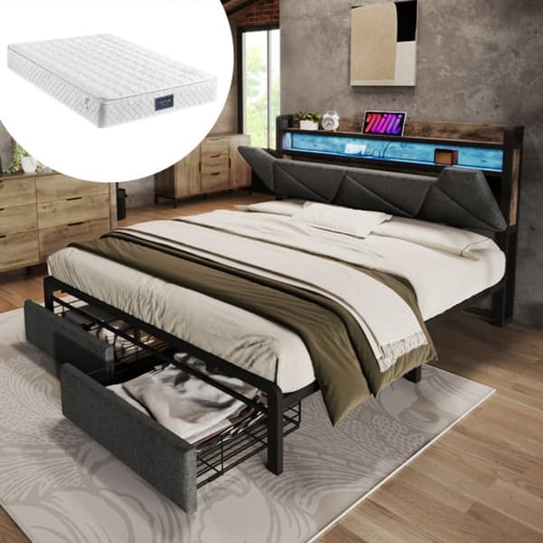 Infällbar sänggavel med USB Typ C med LED-belysning och lådor, 140x200 säng, grå (med madrass)