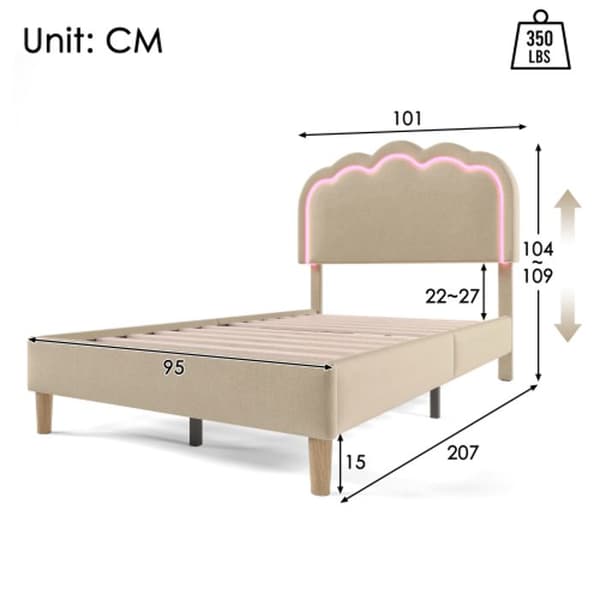 Enkel LED-säng 90 x 200 cm, sängram med lamellbotten och justerbar sänggavel, beige, tyg: linne