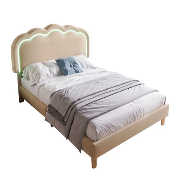 Enkel LED-säng 90 x 200 cm, sängram med lamellbotten och justerbar sänggavel, beige, tyg: linne