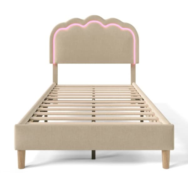 Enkel LED-säng 90 x 200 cm, sängram med lamellbotten och justerbar sänggavel, beige, tyg: linne