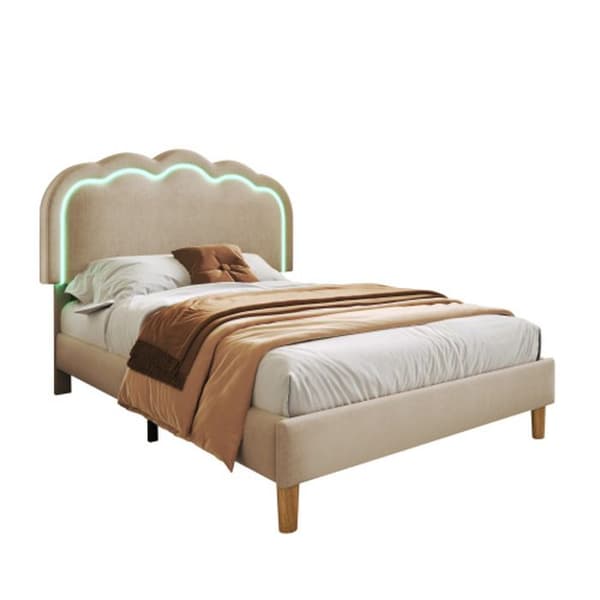 Enkel LED-säng 90 x 200 cm, sängram med lamellbotten och justerbar sänggavel, beige, tyg: linne