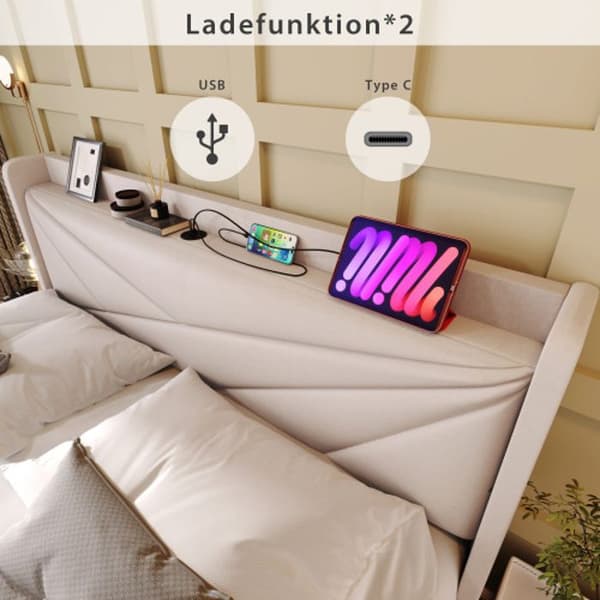 Klädd dubbelsäng med förvaring och sänggavel med USB C-laddare, linne sängram, 140x200 (utan madrass)