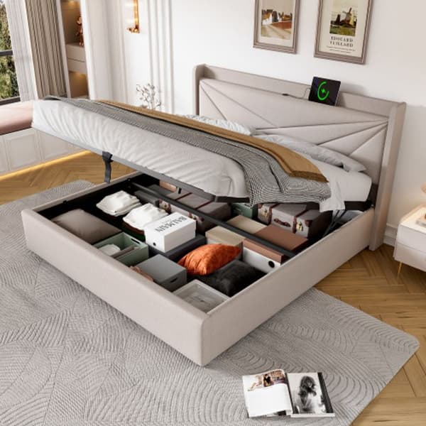 Klädd dubbelsäng med förvaring och sänggavel med USB C-laddare, linne sängram, 140x200 (utan madrass)