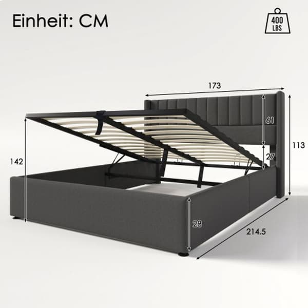 Hydraulisk säng 160x200 cm, lamellbotten av trä, säng med spjälbotten i metall, linne, grå (med madrass)