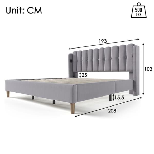 Klädd dubbelsäng med USB Type C-laddare, sängram med lamellbotten, stoppad säng i grått, sängram 180 x 200 cm