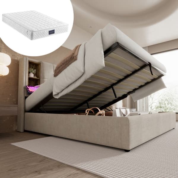 Dubbelsäng med USB C trådlös laddning, stoppad säng Ram 140x200cm, Leine naturligt trä (med madrass)