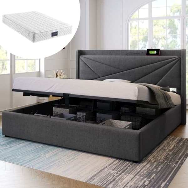 Klädd dubbelsäng Sänggavel med USB Typ C, sängram i linne Lamellbotten (med madrass) 160x200