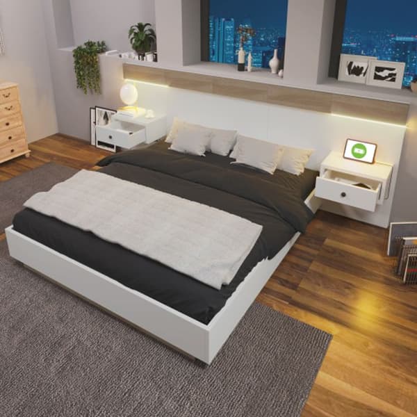 Dubbelsängset med 2 LED-sängbord och USB-uttag C140 x 200 cm säng, 2 sängbord Vit set (utan madrass)