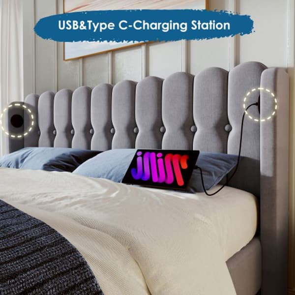 Säng med USB Typ C,, Stoppad säng i grått, 160 x 200 cm Sängstomme Gästrum - Linne (med madrass)