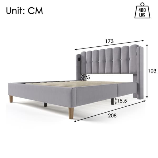 Säng med USB Typ C,, Stoppad säng i grått, 160 x 200 cm Sängstomme Gästrum - Linne (med madrass)