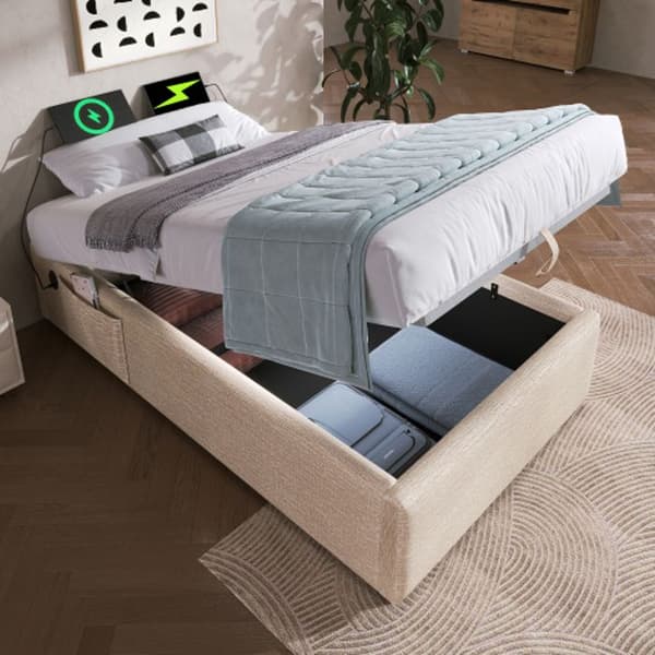 Klädd säng 90 x 200 cm, med USB-C-kontakt och inbyggd lamellram utan sänggavel, linne, naturlig färg.