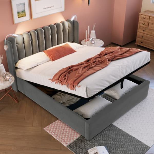 Klädd dubbelsäng Lässäng med lastfunktion Sänggavel med lamellbotten 140x200, grå (med madrass)
