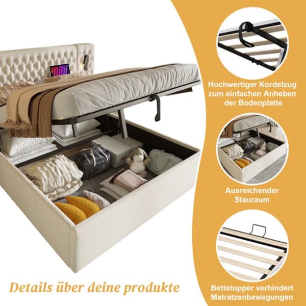 Sovrumsset, säng 160 x 200 cm, med 2 sängbord, med USB, beige, sammet (madrass ingår ej)