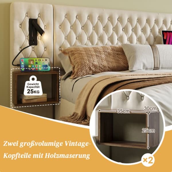 Sovrumsset, säng 160 x 200 cm, med 2 sängbord, med USB, beige, sammet (madrass ingår ej)