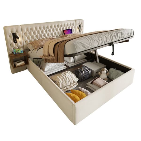 Sovrumsset, säng 160 x 200 cm, med 2 sängbord, med USB, beige, sammet (madrass ingår ej)