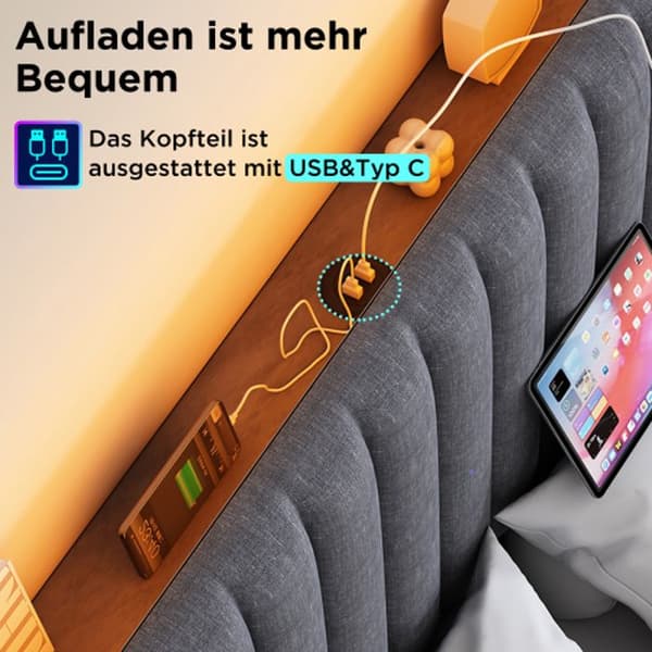 Dubbel LED-kontroll stoppad säng med USB Typ C, justerbar sänggavel, bas 160x200 cm, grå (med madrass)