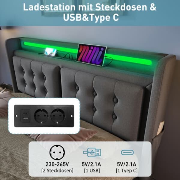 Klädd säng 160x200, dubbel med LED sänggavel och USB C laddare, hydraulisk säng, grå, bomull (madrass ingår ej)