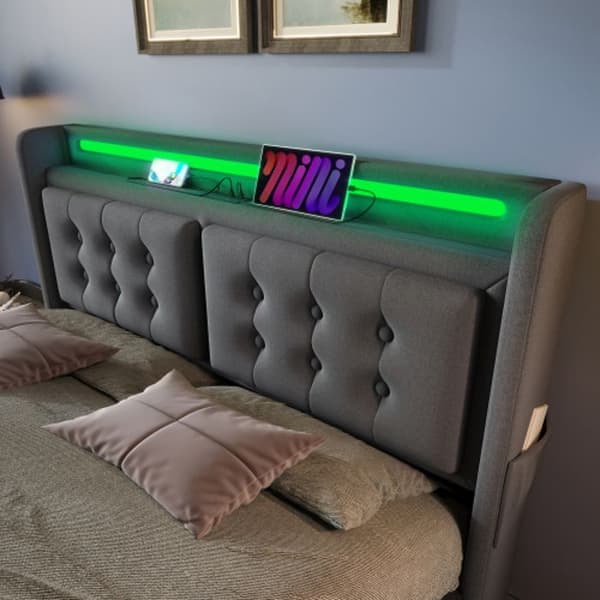 Klädd säng 160x200, dubbel med LED sänggavel och USB C laddare, hydraulisk säng, grå, bomull (madrass ingår ej)