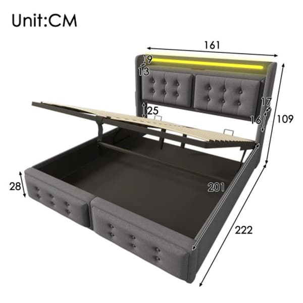 Klädd säng 160x200, dubbel med LED sänggavel och USB C laddare, hydraulisk säng, grå, bomull (madrass ingår ej)