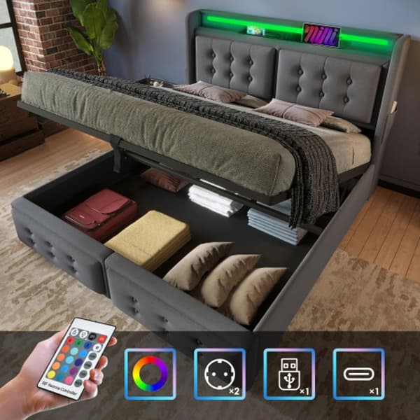 Klädd säng 160x200, dubbel med LED sänggavel och USB C laddare, hydraulisk säng, grå, bomull (madrass ingår ej)
