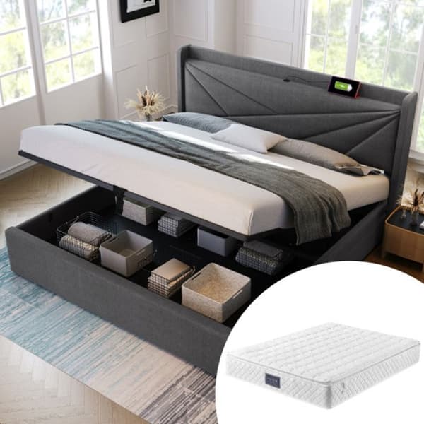 Klädd dubbelsäng med USB C laddningsgavel, sängram i linne, 140x200 Litjunior med spjälbotten (med madrass)