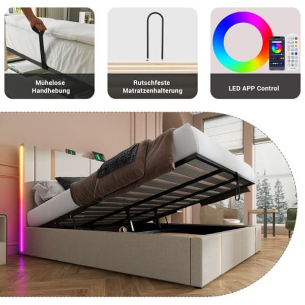 Dubbelsäng USB Typ C Funktion APP Control LED 180x200 Sängförvaring Sängram, Beige Sängmaterial (madrass ingår ej)