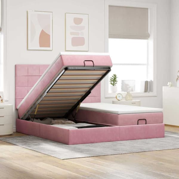 Ottoman sängram med madrasser rosa 180x200 cm sammet