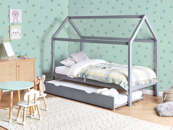 Barnsäng Hus Grå Tall Trä 90 x 200 cm Bottenplatta Säng för Småbarn Modern Barnkammare