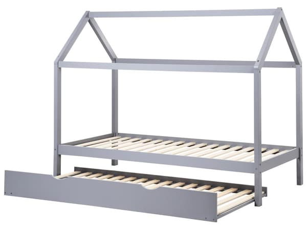 Barnsäng Hus Grå Tall Trä 90 x 200 cm Bottenplatta Säng för Småbarn Modern Barnkammare