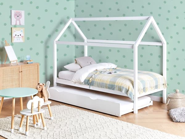 Barnsäng Hus Vit Tall Trä 90 x 200 cm Bottenplatta Säng för Småbarn Modern Barnkammare