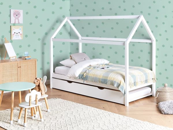 Barnsäng Hus Vit Tall Trä 90 x 200 cm Bottenplatta Säng för Småbarn Modern Barnkammare