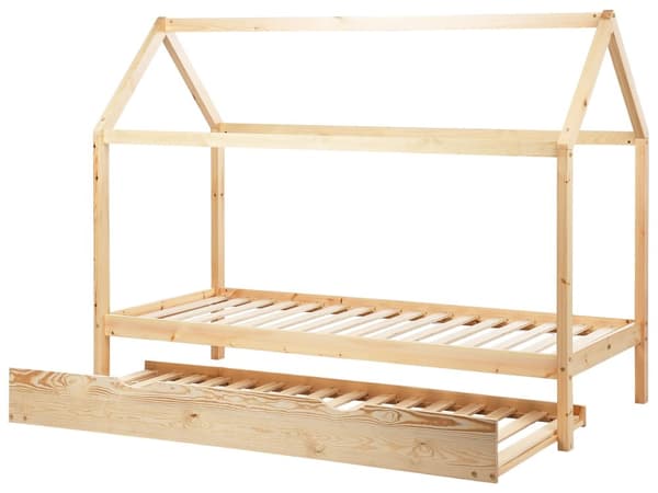 Barnsäng Hus Ljust Tall Trä 90 x 200 cm Bottenplatta Säng för Småbarn Modern Barnkammare