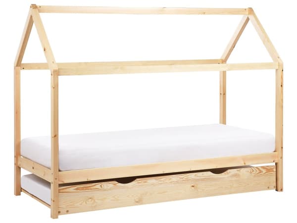 Barnsäng Hus Ljust Tall Trä 90 x 200 cm Bottenplatta Säng för Småbarn Modern Barnkammare