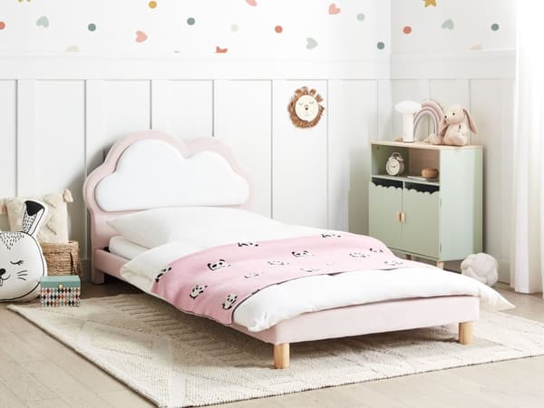 Seng Rosa Fløyel 90 x 200 cm Sengegavl formet som en sky Moderne og tradisjonell stil Barnerom Enkeltseng Barneseng