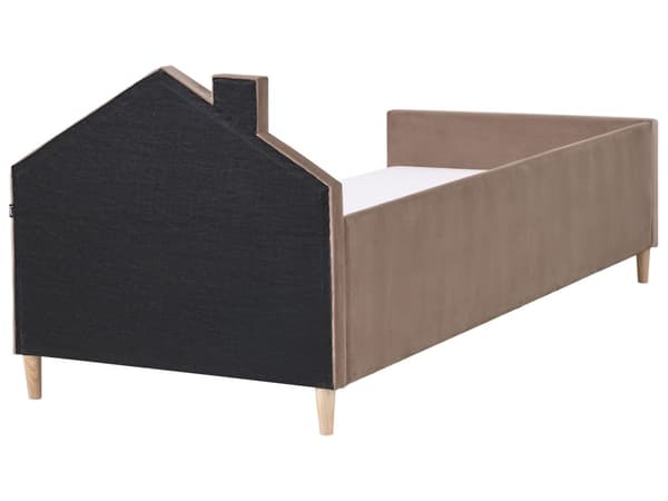 Enkeltseng Brun Velour 90 x 200 Enkeltmandsseng med Hus til Drengeværelse Lav Gulvseng Sengeramme med Hovedgærde Børneseng