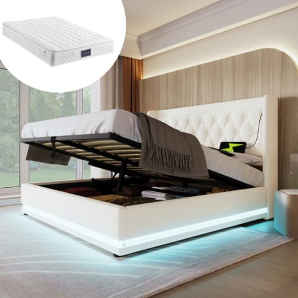 Dubbelmadrass med tuftad klädsel 160*200 cm, sänggavel med USB Type-C laddningsfunktion, tre sidor med LED-funktion (med madrass).