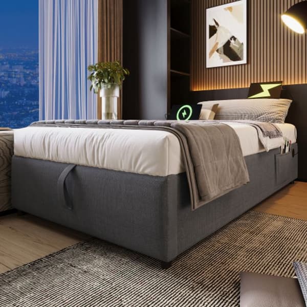 Säng med stoppad klädsel 90 x 190 cm, ram med USB-C och komplett ribbotten, utan sänggavel, bomull, grå