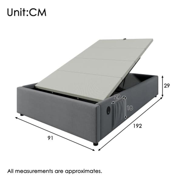 Säng med stoppad klädsel 90 x 190 cm, ram med USB-C och komplett ribbotten, utan sänggavel, bomull, grå