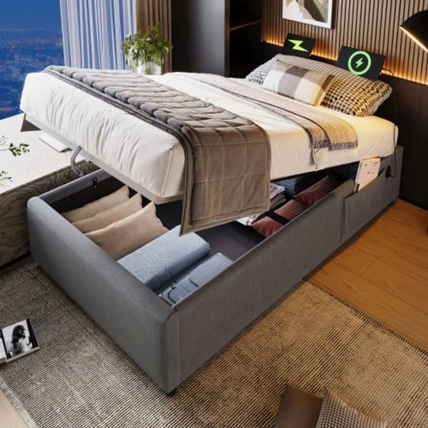 Säng med stoppad klädsel 90 x 190 cm, ram med USB-C och komplett ribbotten, utan sänggavel, bomull, grå