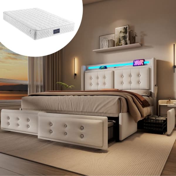 Säng med stoppning 160x200, dubbelsäng med LED-huvudgavel och USB C-laddningsfunktion samt 4 lådor, beige, bomull (med madrass)