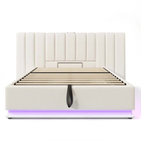 Lit med stoppad ram 160 x 200, dubbelsäng med förvaring och LED appkontroll och USB, vit, utan madrass eller nattduksbord.