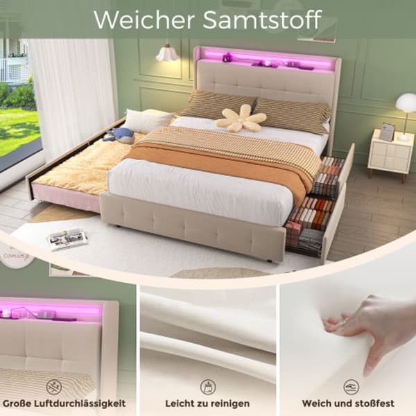 Klädd säng 160x200 cm, USB-laddning, LED-belysning och 2 lådor, förvaringssäng, träribbad, beige