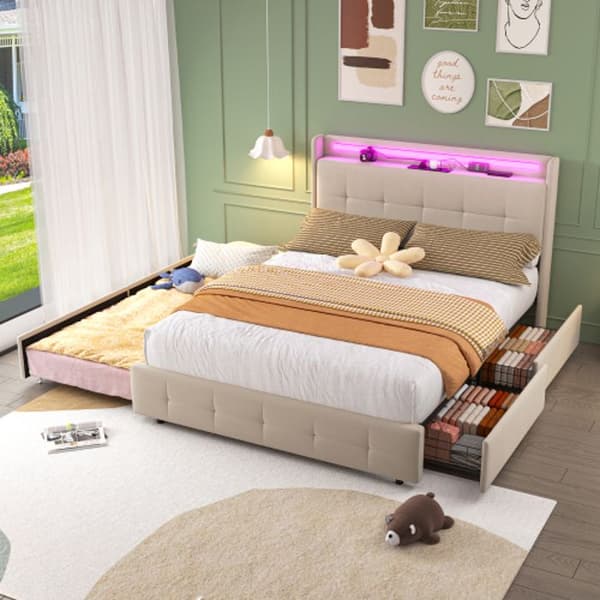 Klädd säng 160x200 cm, USB-laddning, LED-belysning och 2 lådor, förvaringssäng, träribbad, beige