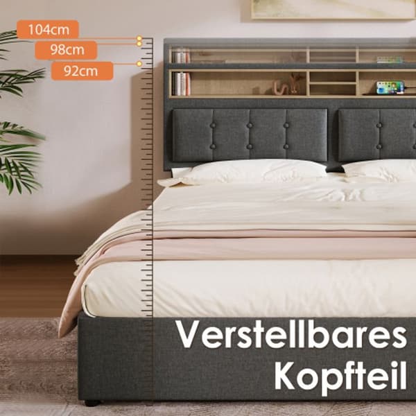 Vadderad dubbelsäng med sänggavel och USB C-uttag, sängram i linne, 140x200 cm, med lamellbotten (utan madrass).