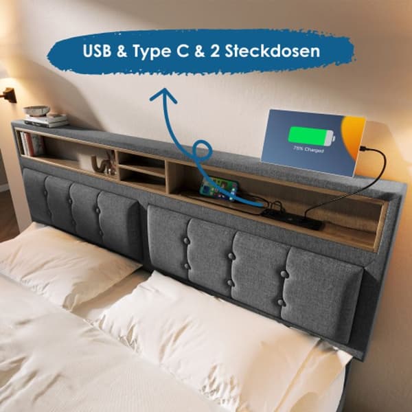 Vadderad dubbelsäng med sänggavel och USB C-uttag, sängram i linne, 140x200 cm, med lamellbotten (utan madrass).