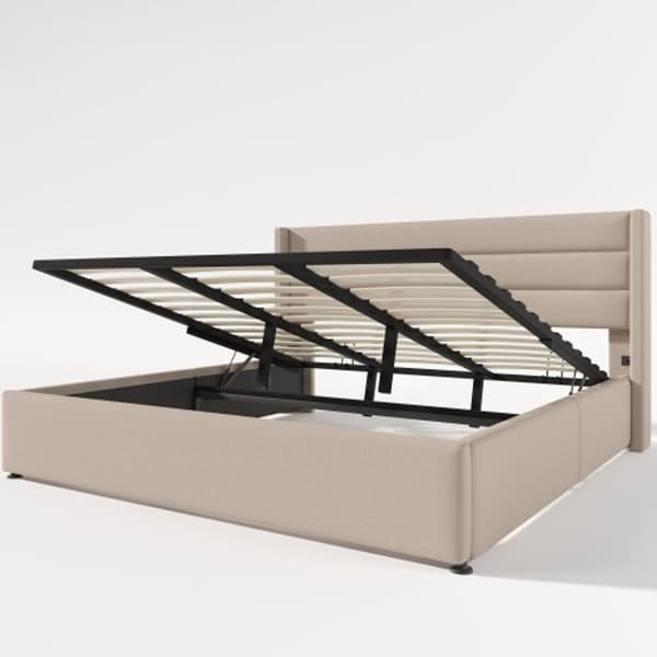 Dubbel hydraulisk vadderad säng 180x200 cm, Säng med metallribbor, Linne, Beige