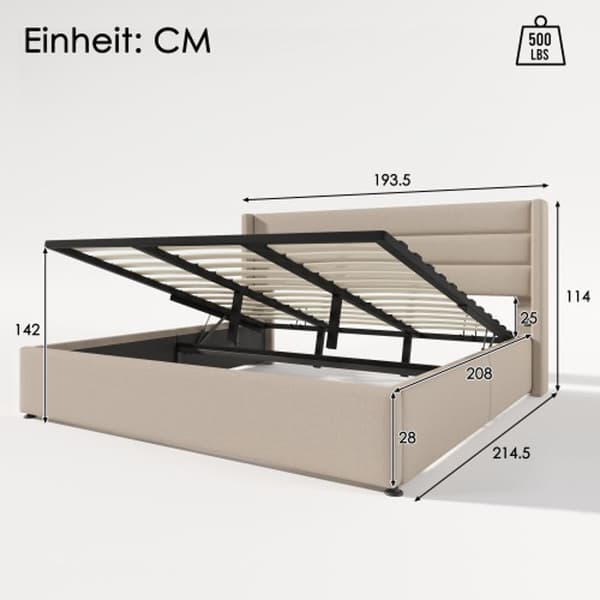 Dubbel hydraulisk vadderad säng 180x200 cm, Säng med metallribbor, Linne, Beige