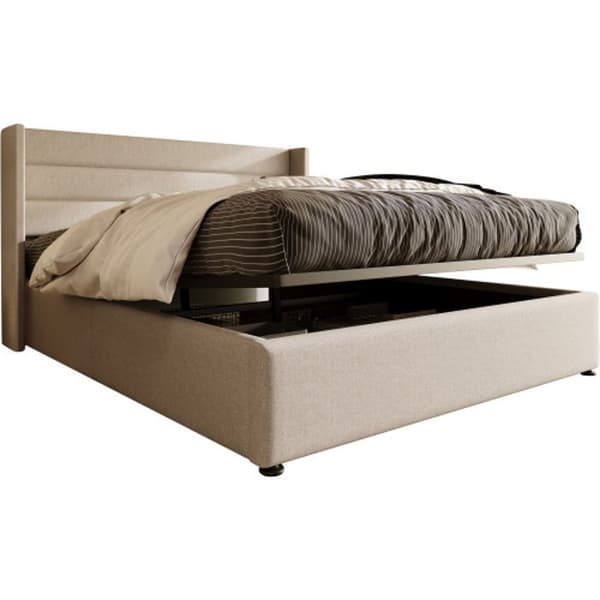 Dubbel hydraulisk vadderad säng 180x200 cm, Säng med metallribbor, Linne, Beige