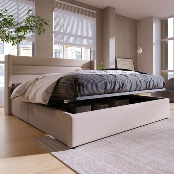 Dubbel hydraulisk vadderad säng 180x200 cm, Säng med metallribbor, Linne, Beige